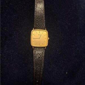 Seiko Quartz Square Gold Dress Wristwatch with Black Leather Strap